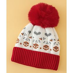 Babyhug Woollen Cap with Heart Print & Pom Pom in Red - Diameter 16.5 cm