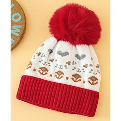 Babyhug Woollen Cap with Heart Print & Pom Pom in Red - Diameter 16.5 cm
