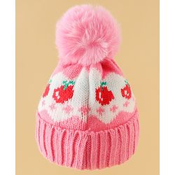 Babyhug Viscose Woollen Cap with Pom Pom & Tomato Print Pink - Diameter 17.5 cm