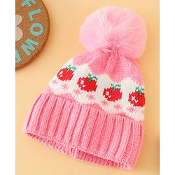 Babyhug Viscose Woollen Cap with Pom Pom & Tomato Print Pink - Diameter 17.5 cm