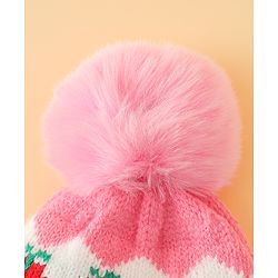 Babyhug Viscose Woollen Cap with Pom Pom & Tomato Print Pink - Diameter 17.5 cm