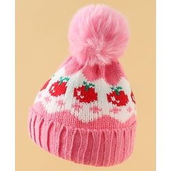 Babyhug Viscose Woollen Cap with Pom Pom & Tomato Print Pink - Diameter 17.5 cm