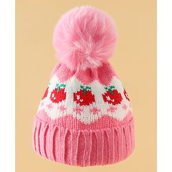 Babyhug Viscose Woollen Cap with Pom Pom & Tomato Print Pink - Diameter 17.5 cm