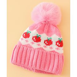 Babyhug Viscose Woollen Cap with Pom Pom & Tomato Print Pink - Diameter 17.5 cm