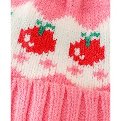 Babyhug Viscose Woollen Cap with Pom Pom & Tomato Print Pink - Diameter 17.5 cm