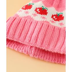 Babyhug Viscose Woollen Cap with Pom Pom & Tomato Print Pink - Diameter 17.5 cm