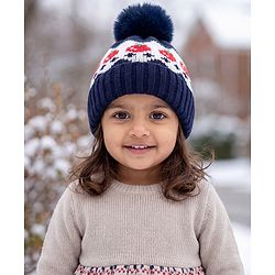 Babyhug Viscose Woollen Cap with Pom Pom & Tomato Print Pink - Diameter 17.5 cm