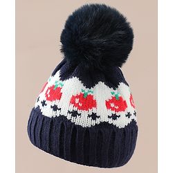 Babyhug Viscose Woollen Cap with Pom Pom & Tomato Print Pink - Diameter 17.5 cm