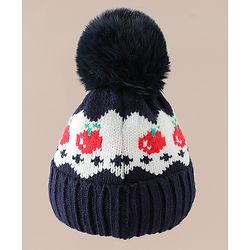 Babyhug Viscose Woollen Cap with Pom Pom & Tomato Print Pink - Diameter 17.5 cm