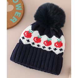 Babyhug Viscose Woollen Cap with Pom Pom & Tomato Print Pink - Diameter 17.5 cm