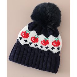 Babyhug Viscose Woollen Cap with Pom Pom & Tomato Print Pink - Diameter 17.5 cm