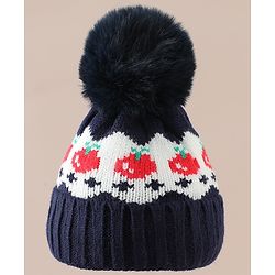 Babyhug Viscose Woollen Cap with Pom Pom & Tomato Print Pink - Diameter 17.5 cm
