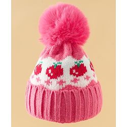 Babyhug Viscose Woollen Cap with Pom Pom & Tomato Print Pink - Diameter 17.5 cm