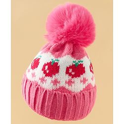 Babyhug Viscose Woollen Cap with Pom Pom & Tomato Print Pink - Diameter 17.5 cm