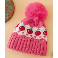 Babyhug Viscose Woollen Cap with Pom Pom & Tomato Print Pink - Diameter 17.5 cm