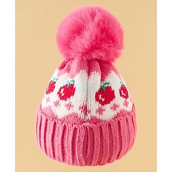 Babyhug Viscose Woollen Cap with Pom Pom & Tomato Print Pink - Diameter 17.5 cm