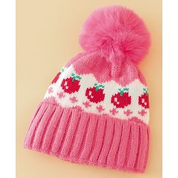 Babyhug Viscose Woollen Cap with Pom Pom & Tomato Print Pink - Diameter 17.5 cm