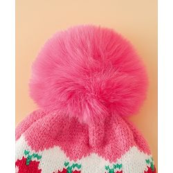 Babyhug Viscose Woollen Cap with Pom Pom & Tomato Print Pink - Diameter 17.5 cm