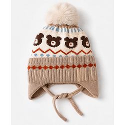 Babyhug Viscose Woollen Cap with Knot, Ear & Pom Pom and Bear Design Khaki - Diameter 20 cm