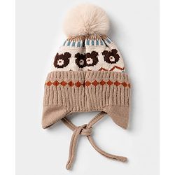 Babyhug Viscose Woollen Cap with Knot, Ear & Pom Pom and Bear Design Khaki - Diameter 20 cm