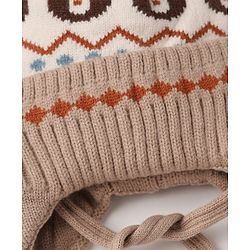 Babyhug Viscose Woollen Cap with Knot, Ear & Pom Pom and Bear Design Khaki - Diameter 20 cm