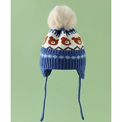 Babyhug Viscose Woollen Cap with Knot, Ear & Pom Pom and Bear Design Khaki - Diameter 20 cm