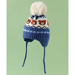 Babyhug Viscose Woollen Cap with Knot, Ear & Pom Pom and Bear Design Khaki - Diameter 20 cm