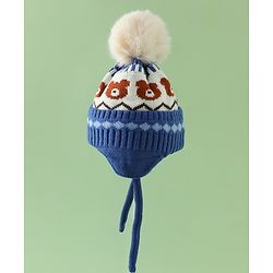Babyhug Viscose Woollen Cap with Knot, Ear & Pom Pom and Bear Design Khaki - Diameter 20 cm