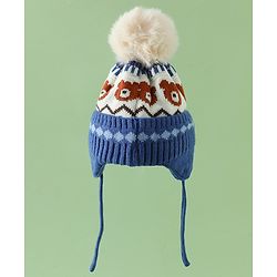 Babyhug Viscose Woollen Cap with Knot, Ear & Pom Pom and Bear Design Khaki - Diameter 20 cm