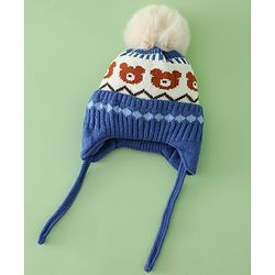 Babyhug Viscose Woollen Cap with Knot, Ear & Pom Pom and Bear Design Khaki - Diameter 20 cm