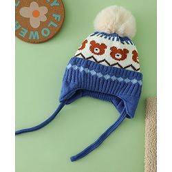 Babyhug Viscose Woollen Cap with Knot, Ear & Pom Pom and Bear Design Khaki - Diameter 20 cm