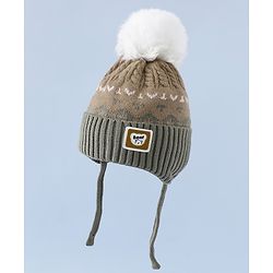 Babyhug Woollen Cap with Ear, Knot & Pom Pom with Bear Applique Olive Green - Diameter 18 cm
