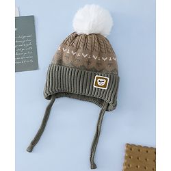 Babyhug Woollen Cap with Ear, Knot & Pom Pom with Bear Applique Olive Green - Diameter 18 cm