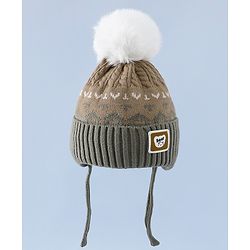 Babyhug Woollen Cap with Ear, Knot & Pom Pom with Bear Applique Olive Green - Diameter 18 cm