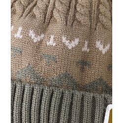 Babyhug Woollen Cap with Ear, Knot & Pom Pom with Bear Applique Olive Green - Diameter 18 cm