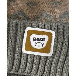 Babyhug Woollen Cap with Ear, Knot & Pom Pom with Bear Applique Olive Green - Diameter 18 cm