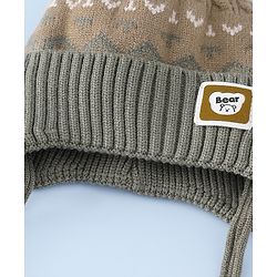Babyhug Woollen Cap with Ear, Knot & Pom Pom with Bear Applique Olive Green - Diameter 18 cm