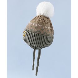 Babyhug Woollen Cap with Ear, Knot & Pom Pom with Bear Applique Olive Green - Diameter 18 cm