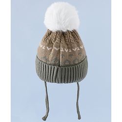 Babyhug Woollen Cap with Ear, Knot & Pom Pom with Bear Applique Olive Green - Diameter 18 cm