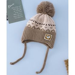 Babyhug Woollen Cap with Ear, Knot & Pom Pom with Bear Applique Olive Green - Diameter 18 cm