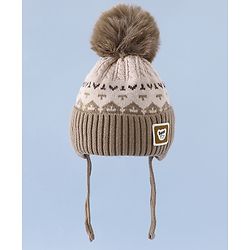 Babyhug Woollen Cap with Ear, Knot & Pom Pom with Bear Applique Olive Green - Diameter 18 cm