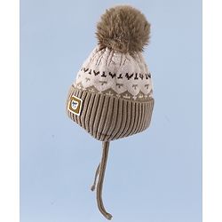 Babyhug Woollen Cap with Ear, Knot & Pom Pom with Bear Applique Olive Green - Diameter 18 cm