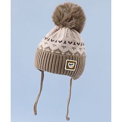 Babyhug Woollen Cap with Ear, Knot & Pom Pom with Bear Applique Olive Green - Diameter 18 cm