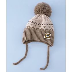 Babyhug Woollen Cap with Ear, Knot & Pom Pom with Bear Applique Olive Green - Diameter 18 cm