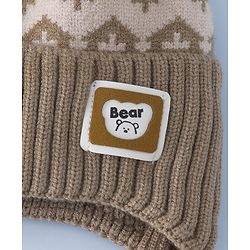 Babyhug Woollen Cap with Ear, Knot & Pom Pom with Bear Applique Olive Green - Diameter 18 cm
