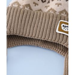 Babyhug Woollen Cap with Ear, Knot & Pom Pom with Bear Applique Olive Green - Diameter 18 cm