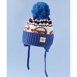 Babyhug Woollen Cap with Pom Pom & Knot with and Vehicle & Geometric Design Blue - Diameter 18.5 cm