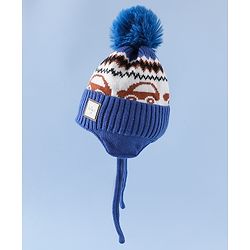 Babyhug Woollen Cap with Pom Pom & Knot with and Vehicle & Geometric Design Blue - Diameter 18.5 cm