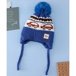 Babyhug Woollen Cap with Pom Pom & Knot with and Vehicle & Geometric Design Blue - Diameter 18.5 cm