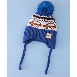 Babyhug Woollen Cap with Pom Pom & Knot with and Vehicle & Geometric Design Blue - Diameter 18.5 cm